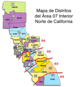 CNIA 07 Map with a different color for each District within the Area and overlay of Linguistic Districts in Spanish