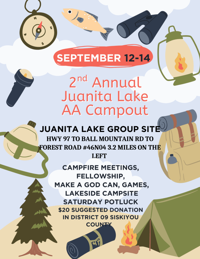 flyer with information for AA campout September 12 to 14 with tents and camping gear photos