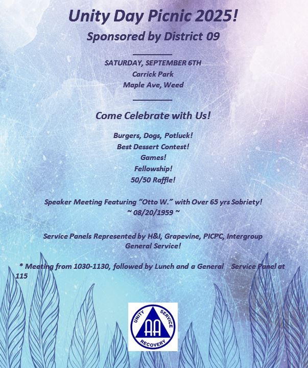 Purple and blue flyer for District 09 Unity Day Picnic Saturday September 6, 2025 at 10:30am at Carrick Park on Maple Ave in Weed California