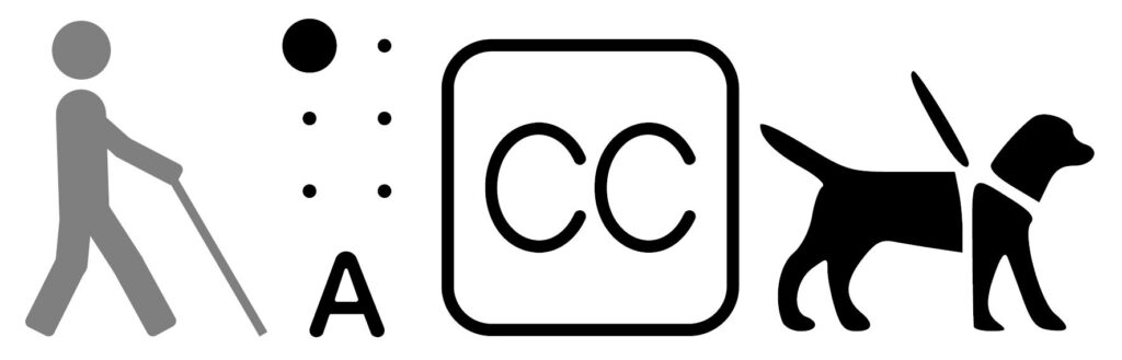 This is a .png image of a blind person with cane, next to the image of Braille for the letter, next to the image of the CC (Closed Captioning) symbol, next to the image of a service dog with harness
